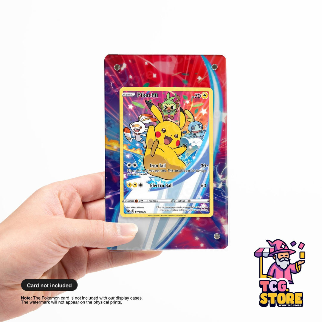 A hand holding a Pokémon card with a colorful, abstract background.