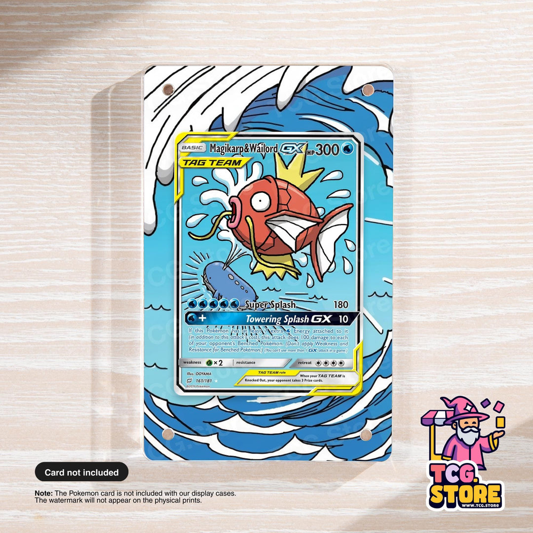 A Pokémon trading card featuring a red and white fish-like creature with a yellow crown, surrounded by blue and white waves. The card is displayed on a wooden surface, and there is a note indicating that the Pokémon card is not included with the display cases.