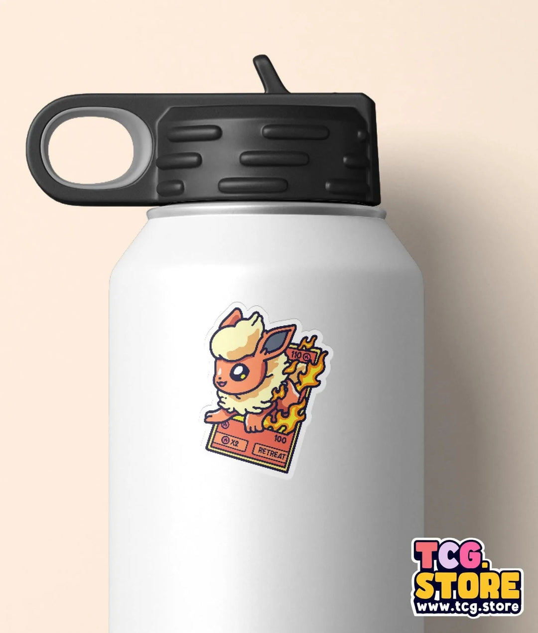 a water bottle with a sticker of a cat on it