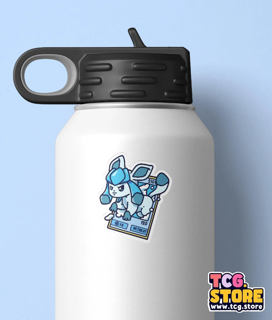 a white water bottle with a black lid