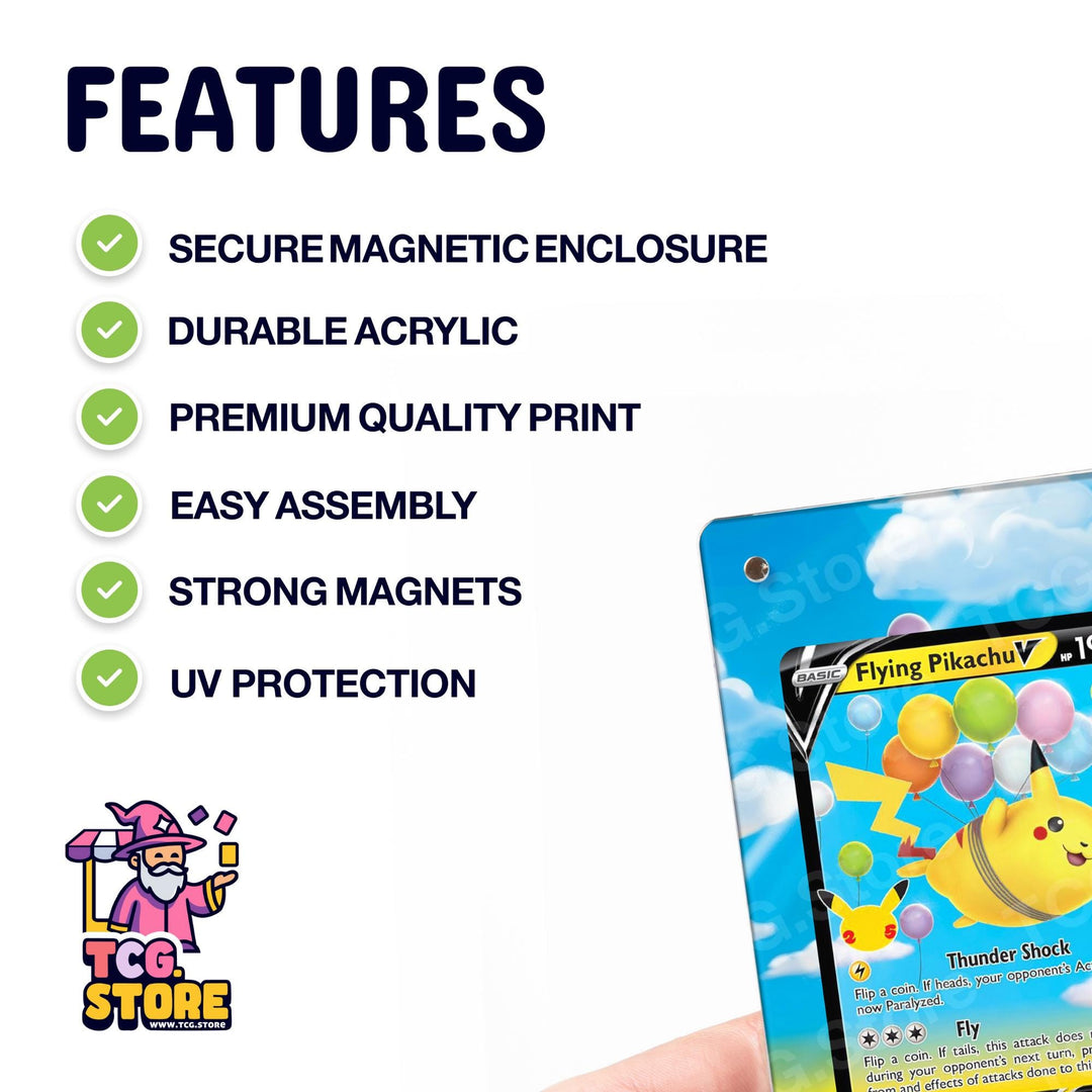 a Pokémon-themed product, specifically a Pokémon card, with a list of features highlighted in green checkmarks.