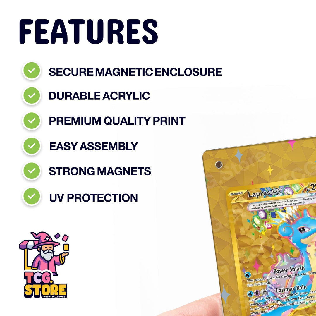 a Pokémon trading card with various features highlighted, such as secure magnetic enclosure, durable acrylic, premium quality print, easy assembly, strong magnets, and UV protection.
