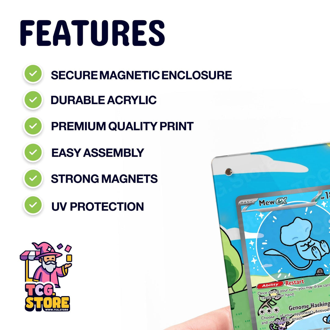 a hand holding a Pokémon card with various features listed, such as secure magnetic enclosure, durable acrylic, premium quality print, easy assembly, strong magnets, and UV protection.