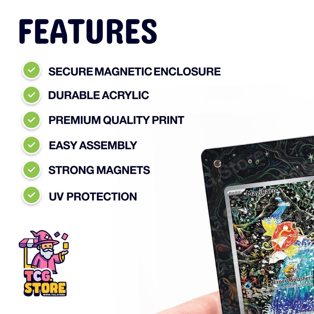 a hand holding a smartphone with a colorful, abstract design on the screen. The phone is described as having a protective case with various features, such as a secure magnetic enclosure, durable acrylic, premium quality print, easy assembly, strong magnets, and UV protection.