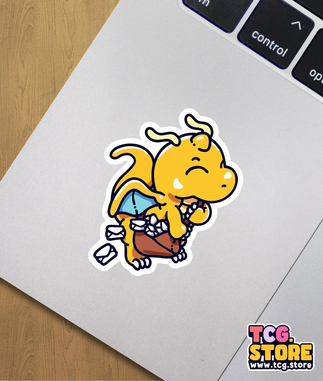 a sticker of a yellow dog holding a basket
