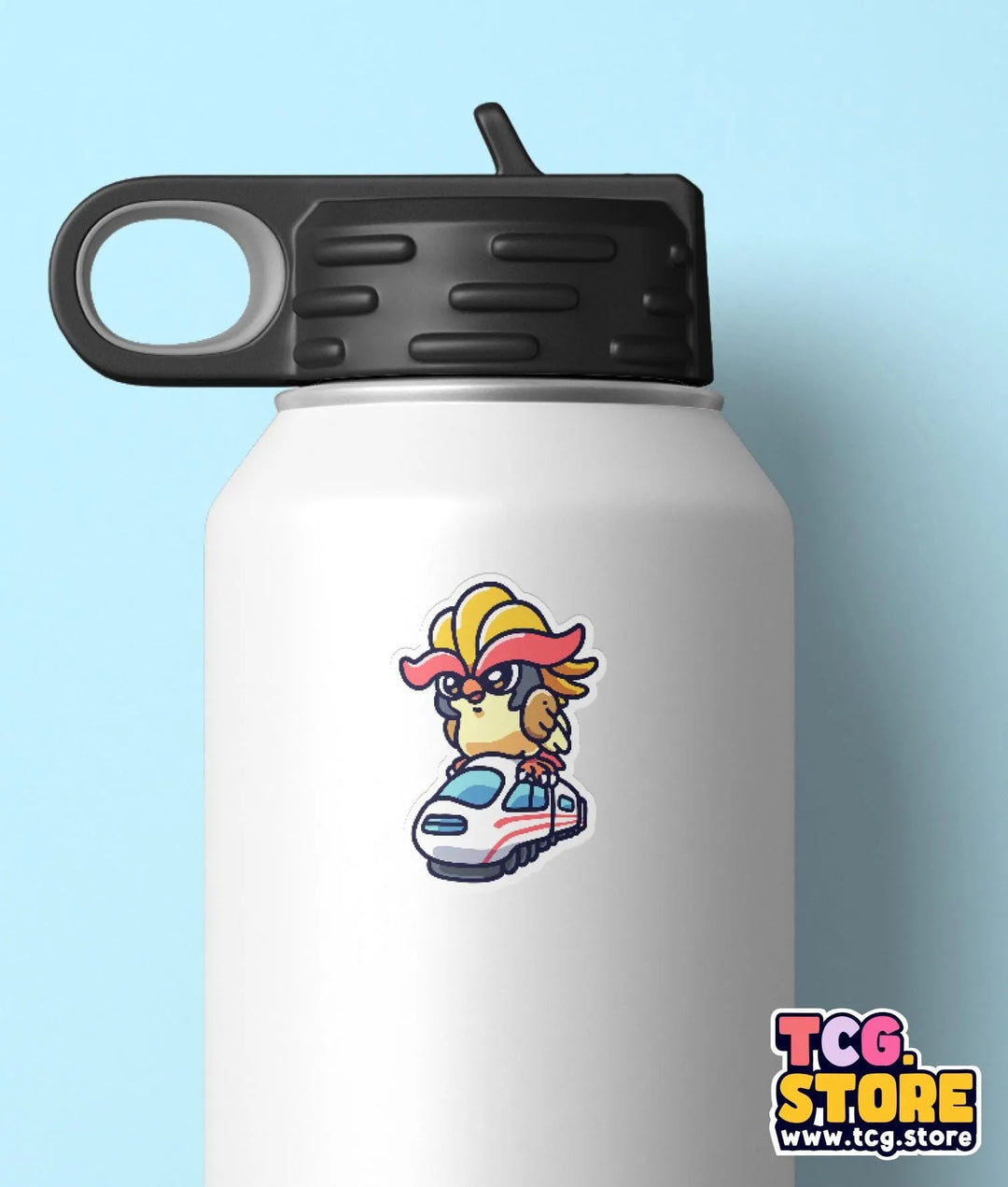 a white water bottle with a cartoon character on it