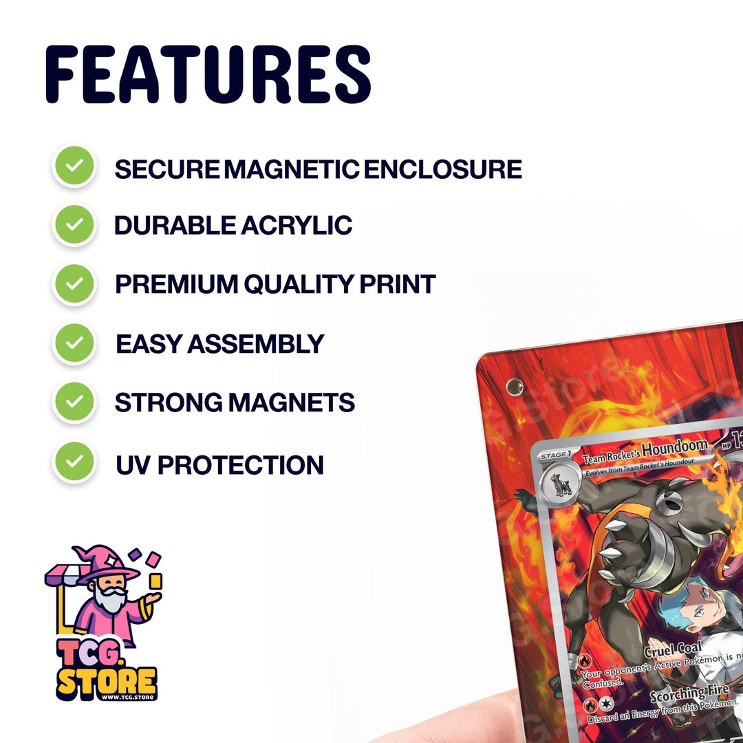 a hand holding a Pokémon trading card, with a list of features highlighted on the card.