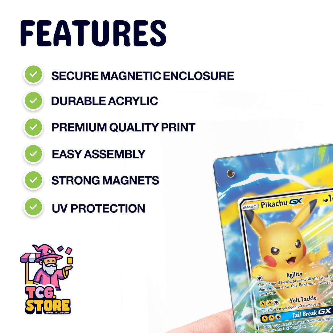 a Pokémon-themed product, specifically a Pokémon GX card, with a hand holding it. The card is described as having a secure magnetic enclosure, a durable acrylic print, a premium quality print, easy assembly, strong magnets, and UV protection.