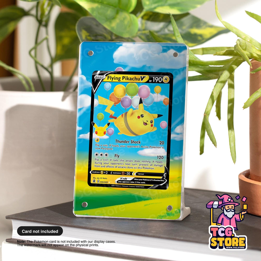 A Pokémon card featuring Pikachu, a yellow Pokémon character, is displayed on a stand. The card is not included with the display cases, and the Pokémon card will appear on the physical prints.