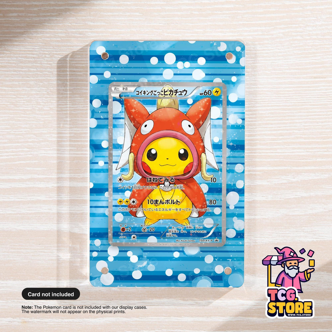 A Pokemon card featuring Pikachu, a popular Pokémon character, wearing a red and yellow costume with large eyes and a yellow nose. The card is displayed on a blue and white polka dot background.