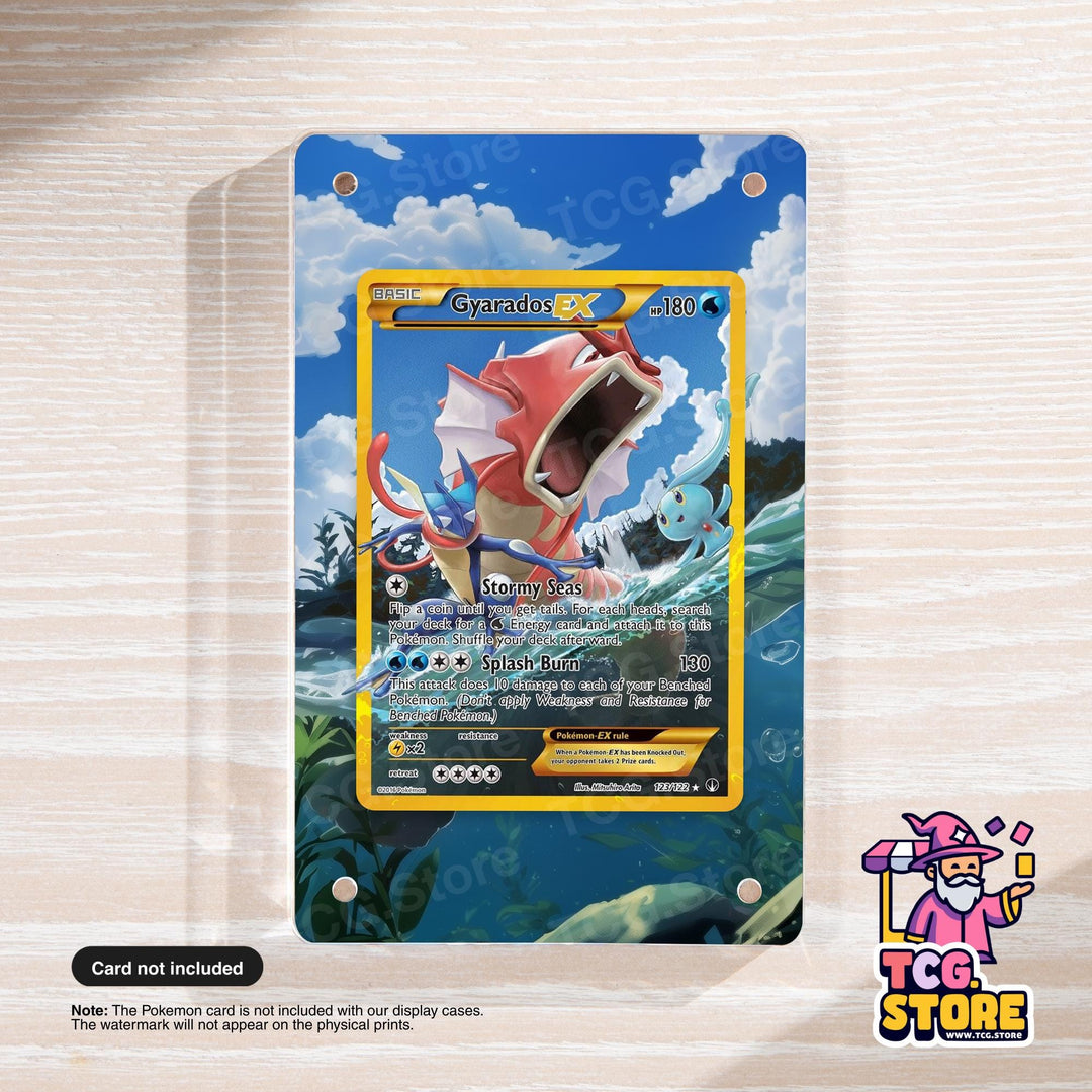 a Pokémon trading card with a Pokémon named Gyraros X. The card is displayed on a wooden surface, and there is a note indicating that the Pokémon card is not included with the display cases.