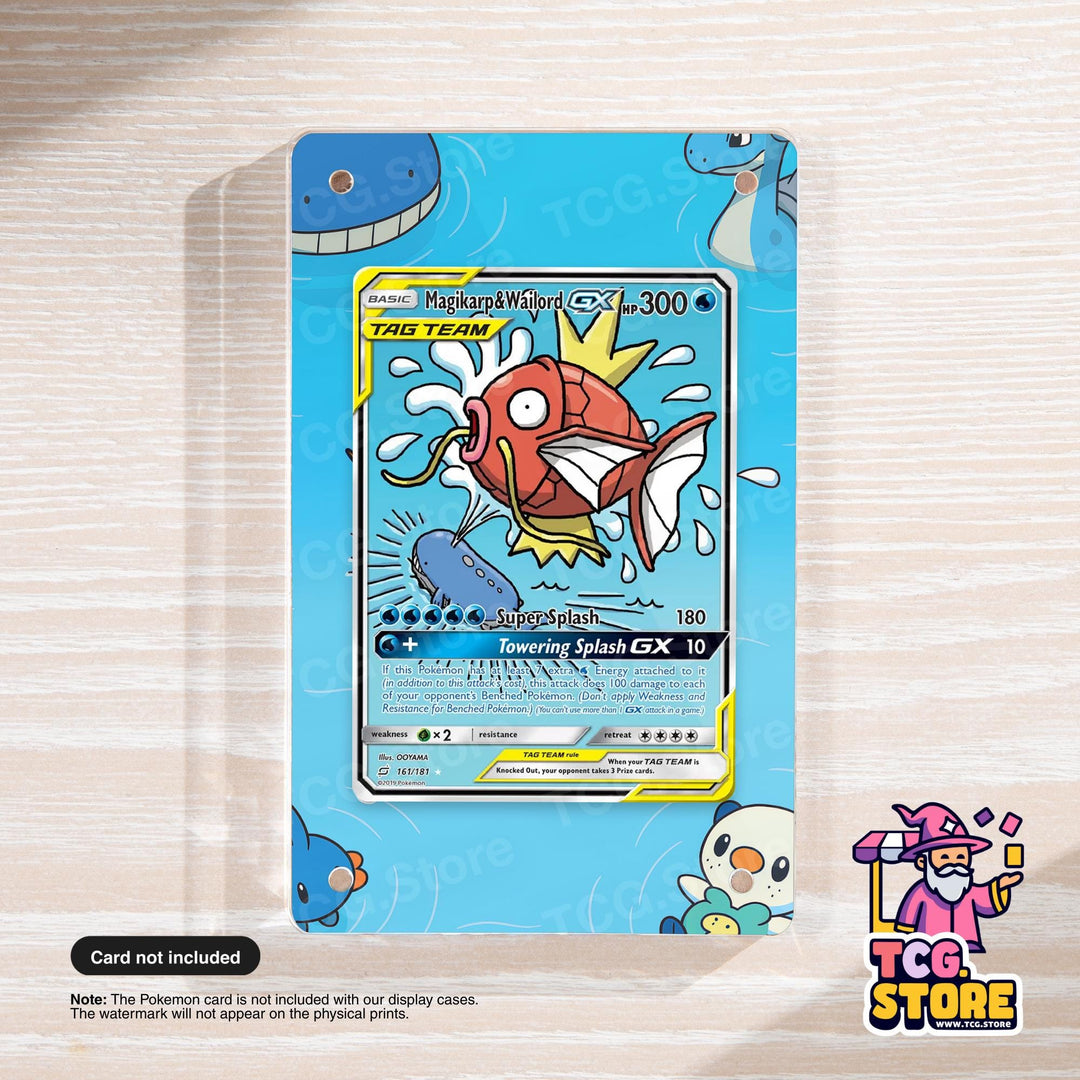A Pokemon trading card featuring a colorful illustration of a fish-like creature with a large head and a smaller body, surrounded by various other Pokemon characters.