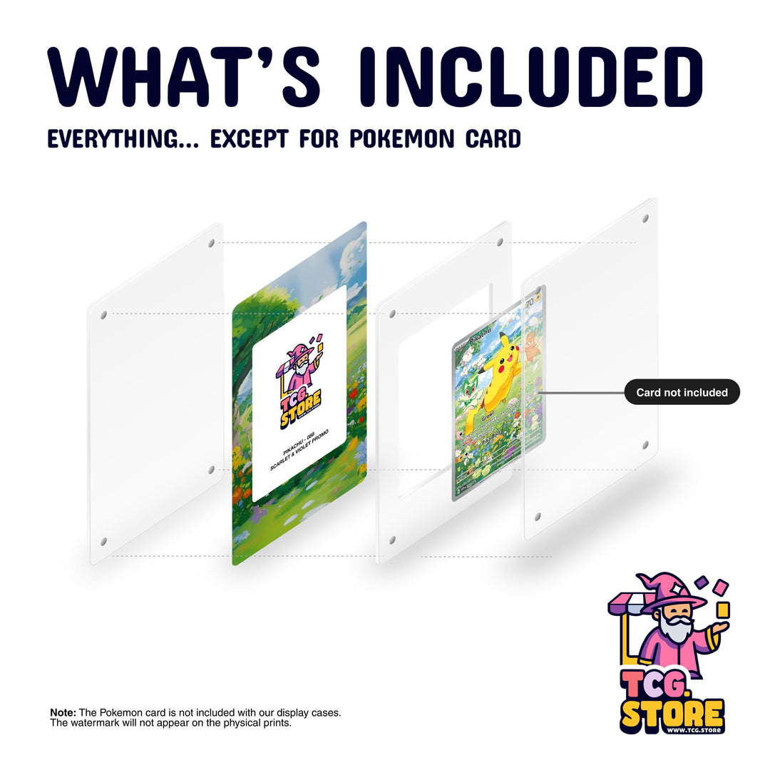 The image is a promotional poster for a Pokémon card, specifically for the Pokémon card. It features a Pokémon card and a Pokémon card, both of which are not included with the Pokémon card. The Pokémon card is not included with the display cases, and the watermark will not appear on the physical prints.