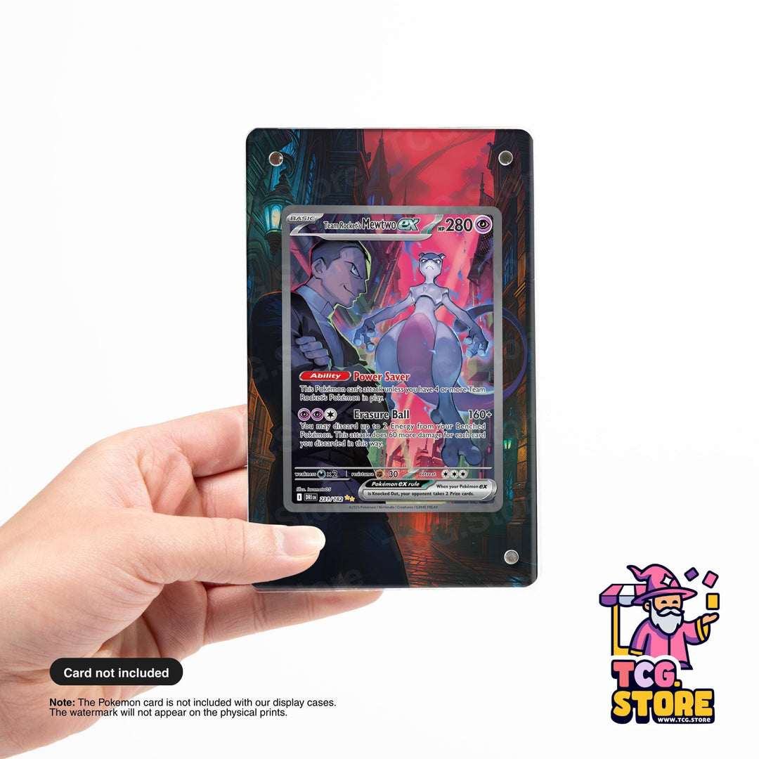 A hand holding a Pokémon trading card with a colorful, abstract background.