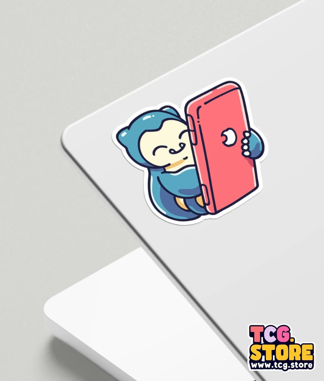 a sticker of a person holding a red refrigerator
