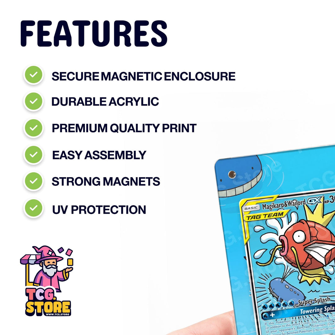 a hand holding a Pokémon card, with a list of features highlighted on the card.