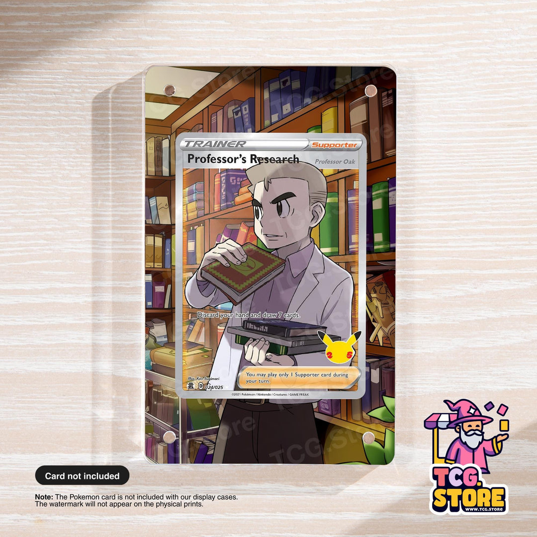 The image is a Pokémon trading card featuring a character named Professor Research, who is holding a book and standing in a library setting.