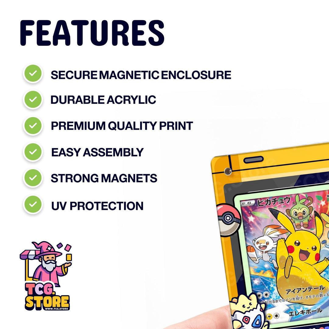 a Pokémon-themed phone case with a yellow and pink color scheme, and it has several features highlighted, such as secure magnetic enclosure, durable acrylic, premium quality print, easy assembly, strong magnets, and UV protection.