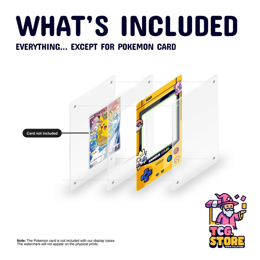 The image is a promotional poster for a Pokémon-themed display case. It features a Pokémon card and a Pokémon-themed display case, along with text indicating that the Pokémon card is not included with the display cases. The Pokémon card is not included with the display cases, and the watermark will appear on the physical prints.