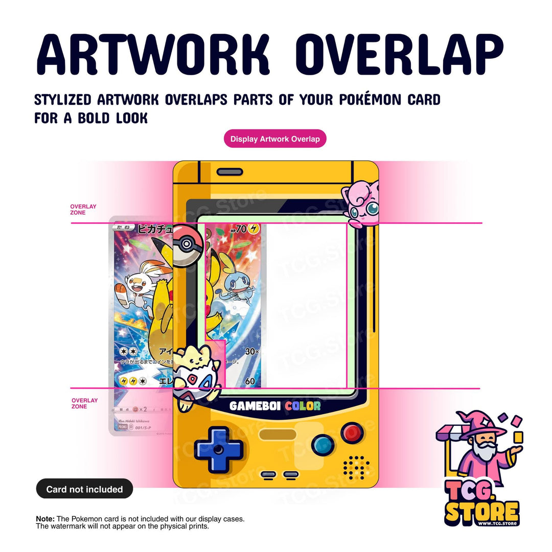 The image is a promotional poster for a Pokémon-themed artwork overlap. It features a Pokémon-themed Pokémon card with a stylized Pokémon design, overlaid with a colorful background. The poster also includes a note that the Pokémon card is not included with the display cases, and it is a promotional image for a Pokémon-themed artwork overlap.