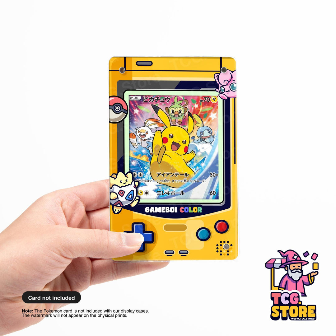 A hand holding a yellow Nintendo Gameboy Color with a Pokémon-themed cover, featuring the Pokémon character Pikachu.