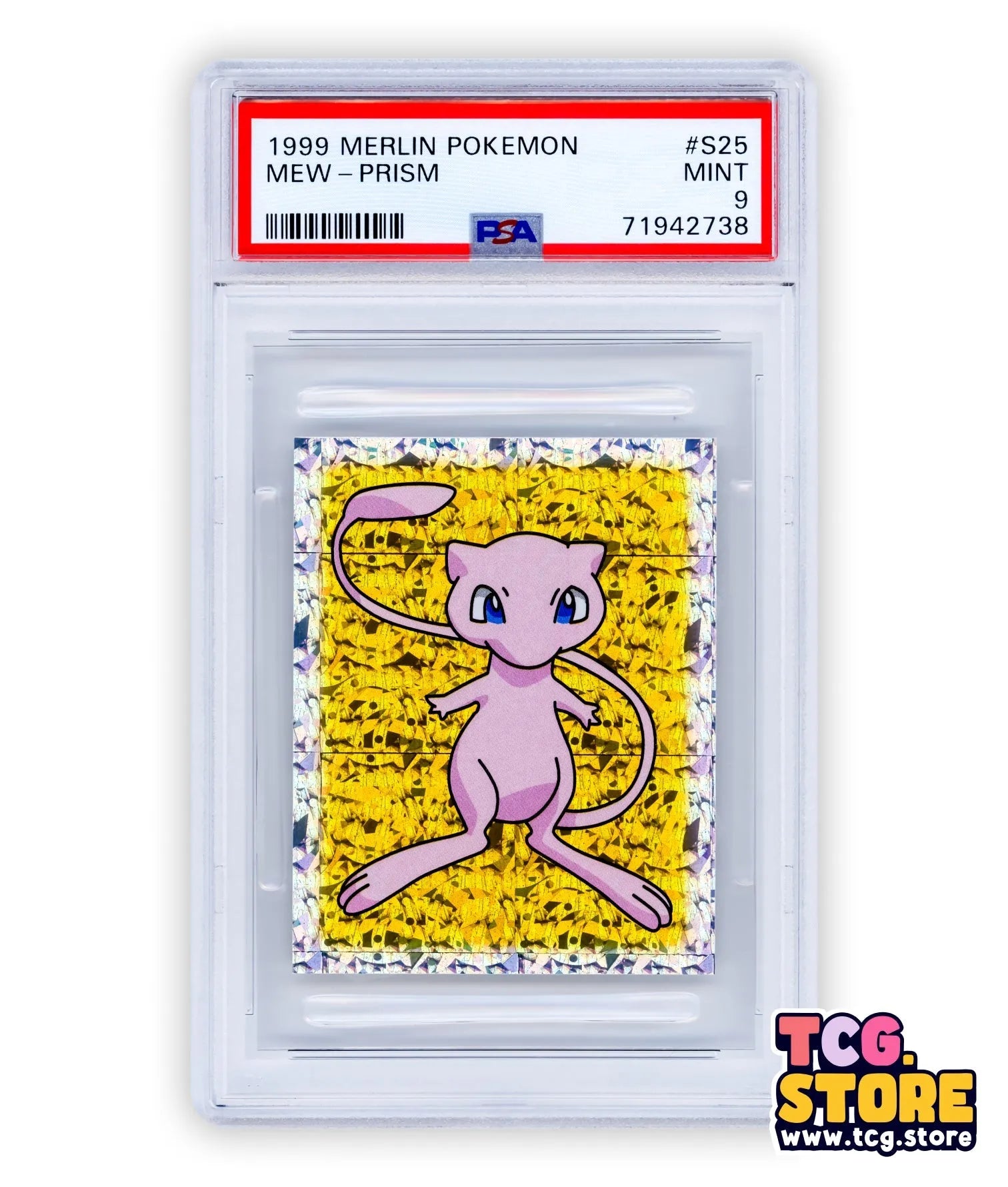1999 #S25 Merlin Pokemon Mew Gold Glitter Cracked Ice Holo Merlin Sticker - PSA 9 - TCG.Store