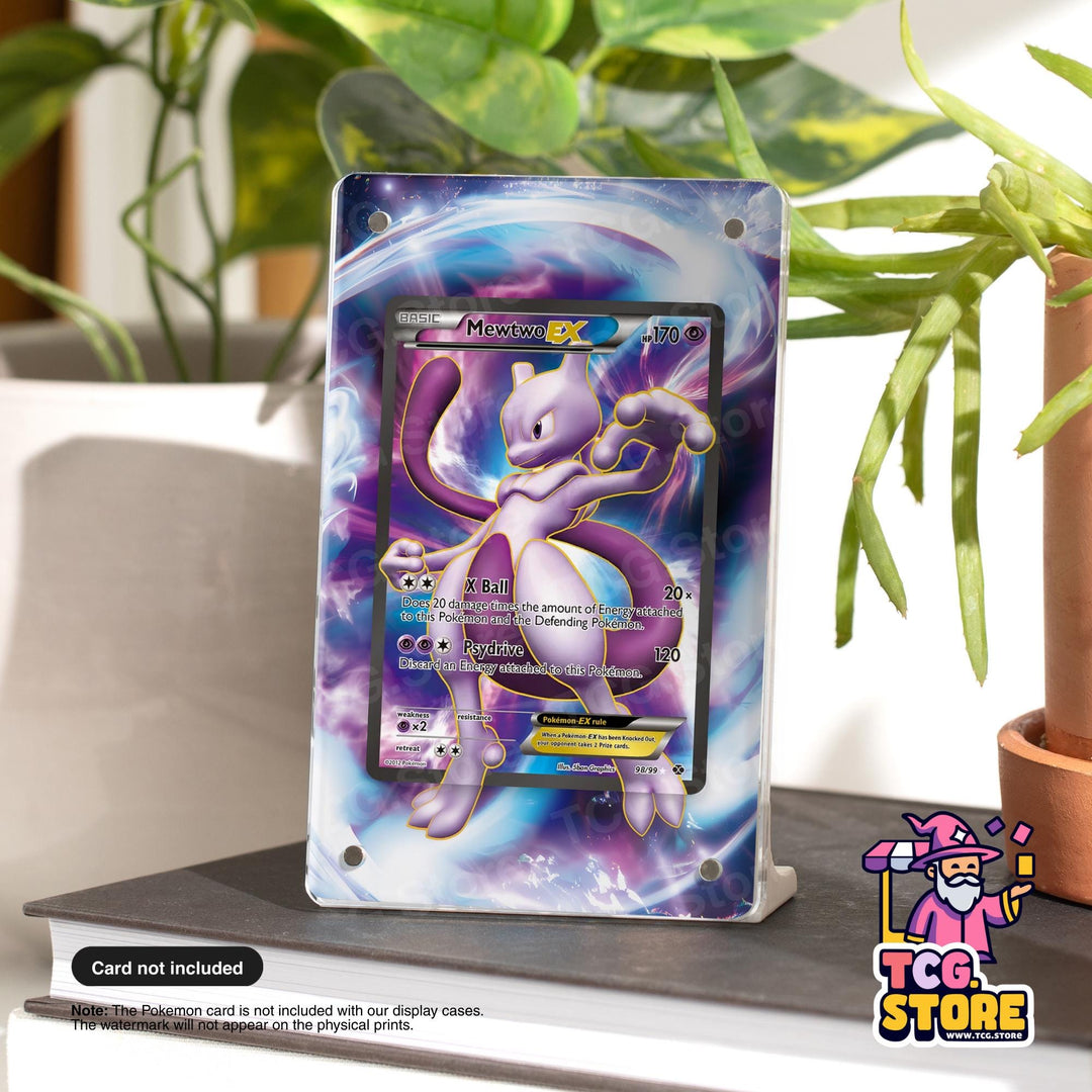 A Pokémon card featuring the character Mewtox is displayed on a stand, with a plant in the background.