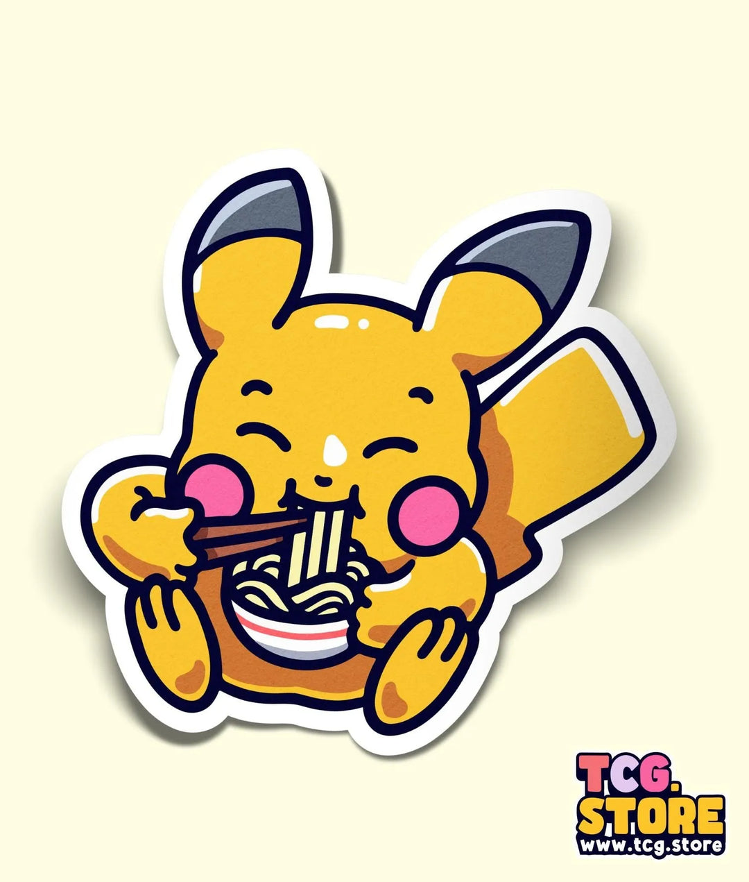 a sticker of a pikachu eating a piece of food