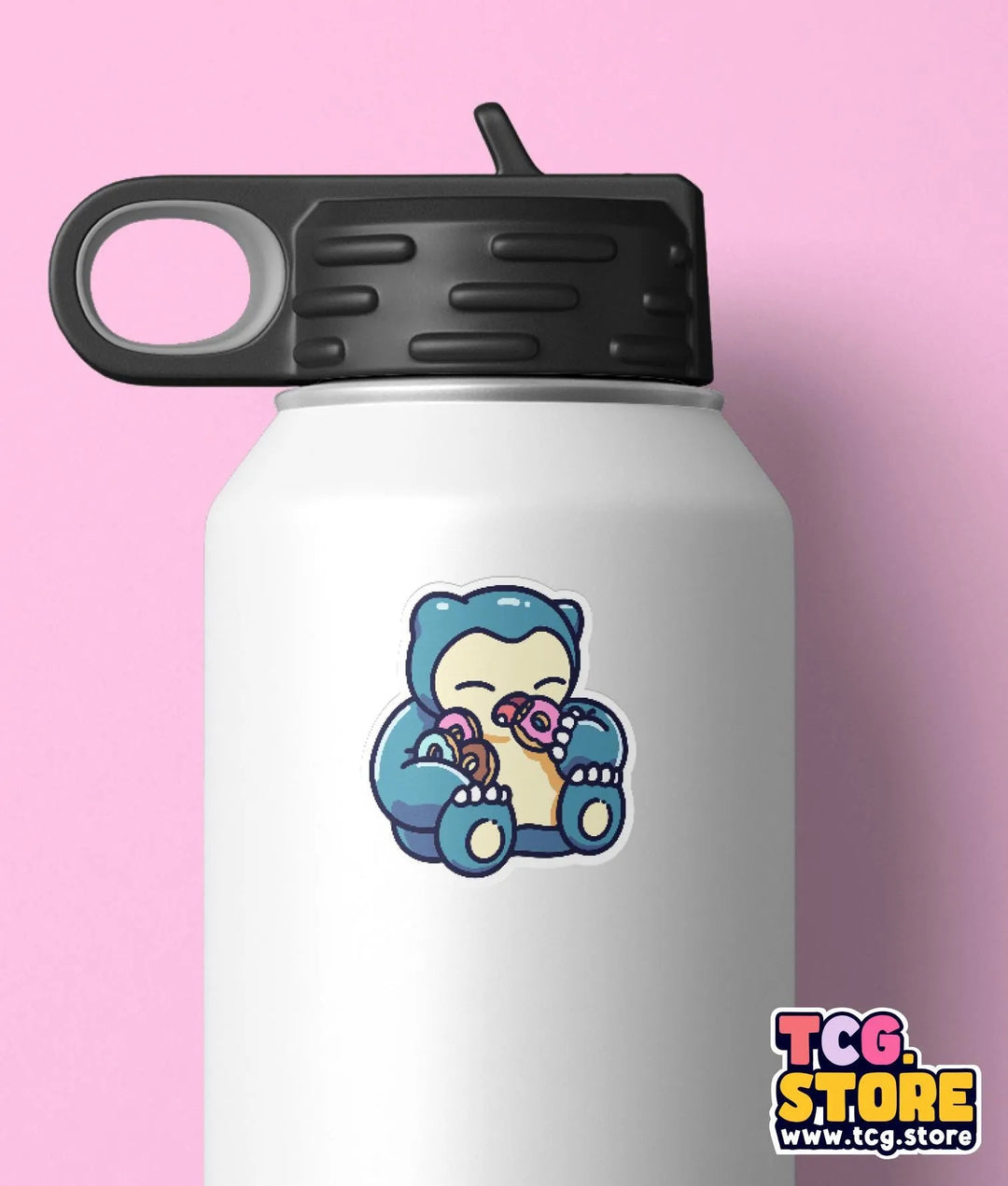 a white water bottle with a cartoon bear on it