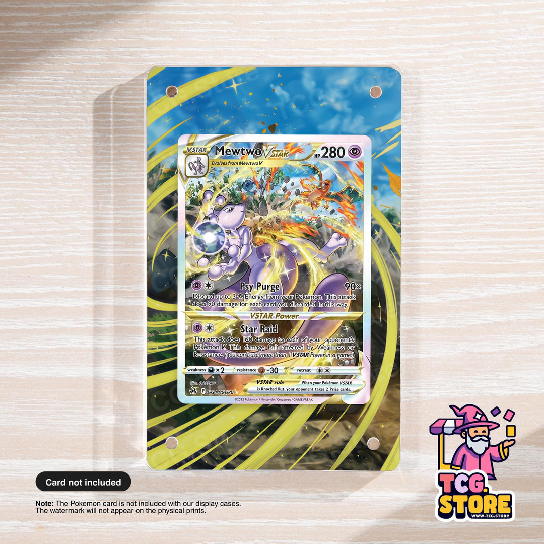 A Pokémon card featuring a purple Pokémon character with a yellow and orange background, surrounded by a dynamic, colorful explosion.