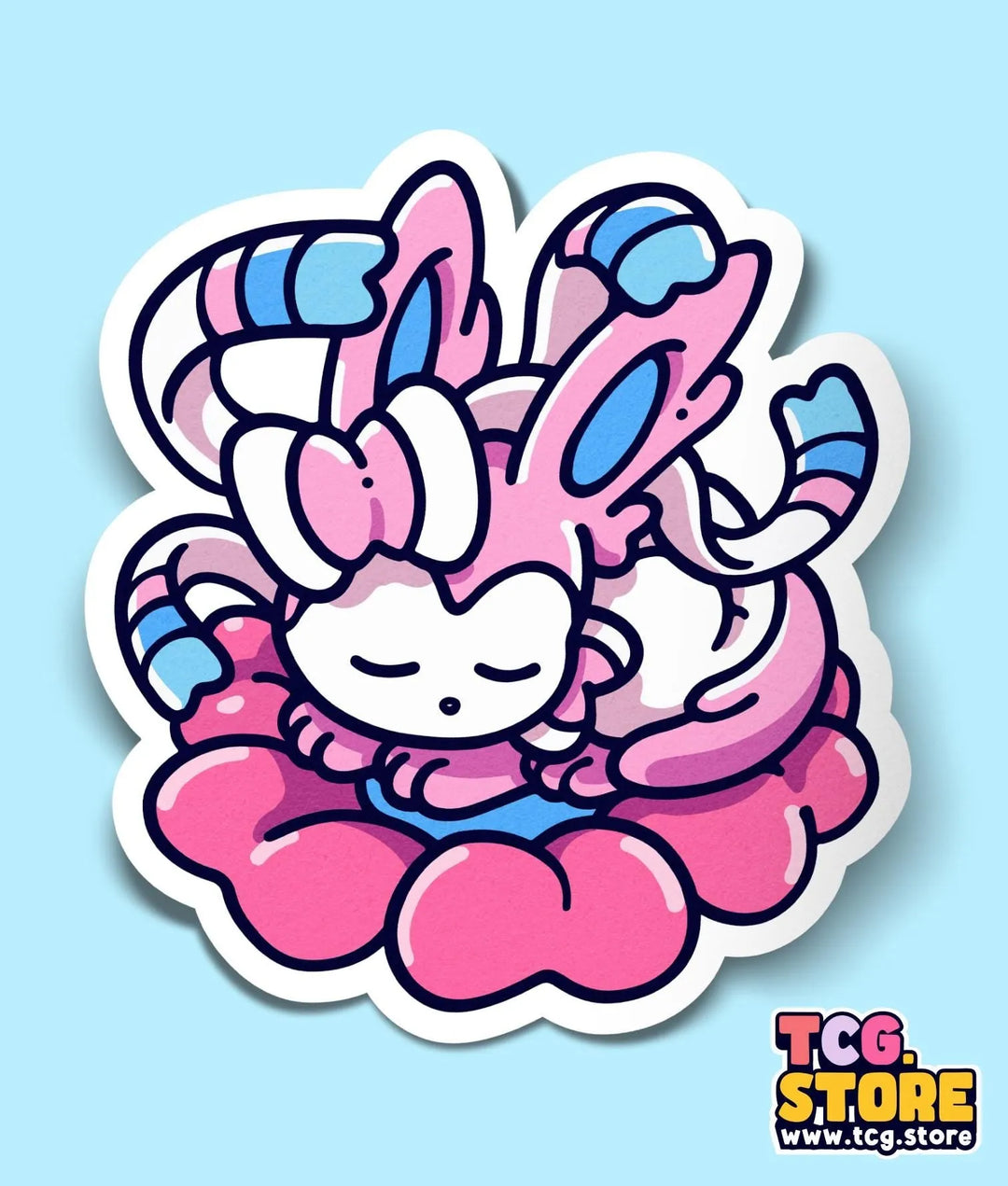 a sticker of a pink bunny sitting on top of a flower