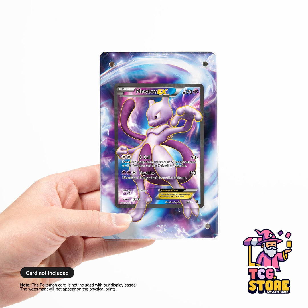 A person's hand holding a Pokémon card with a colorful, abstract background.