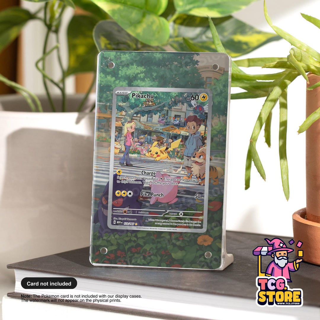 a Pokémon card display case with a Pokémon card, specifically a Pikachu card, placed on a table. The Pokémon card is not included with the display case, and the watermark will appear on the physical prints.