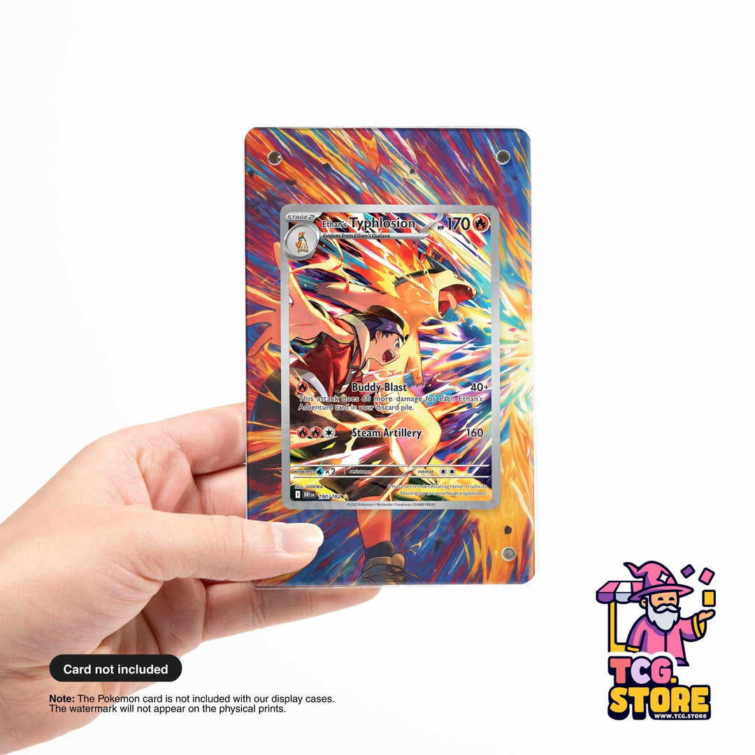 A hand holding a colorful Pokémon card with a vibrant, abstract background.