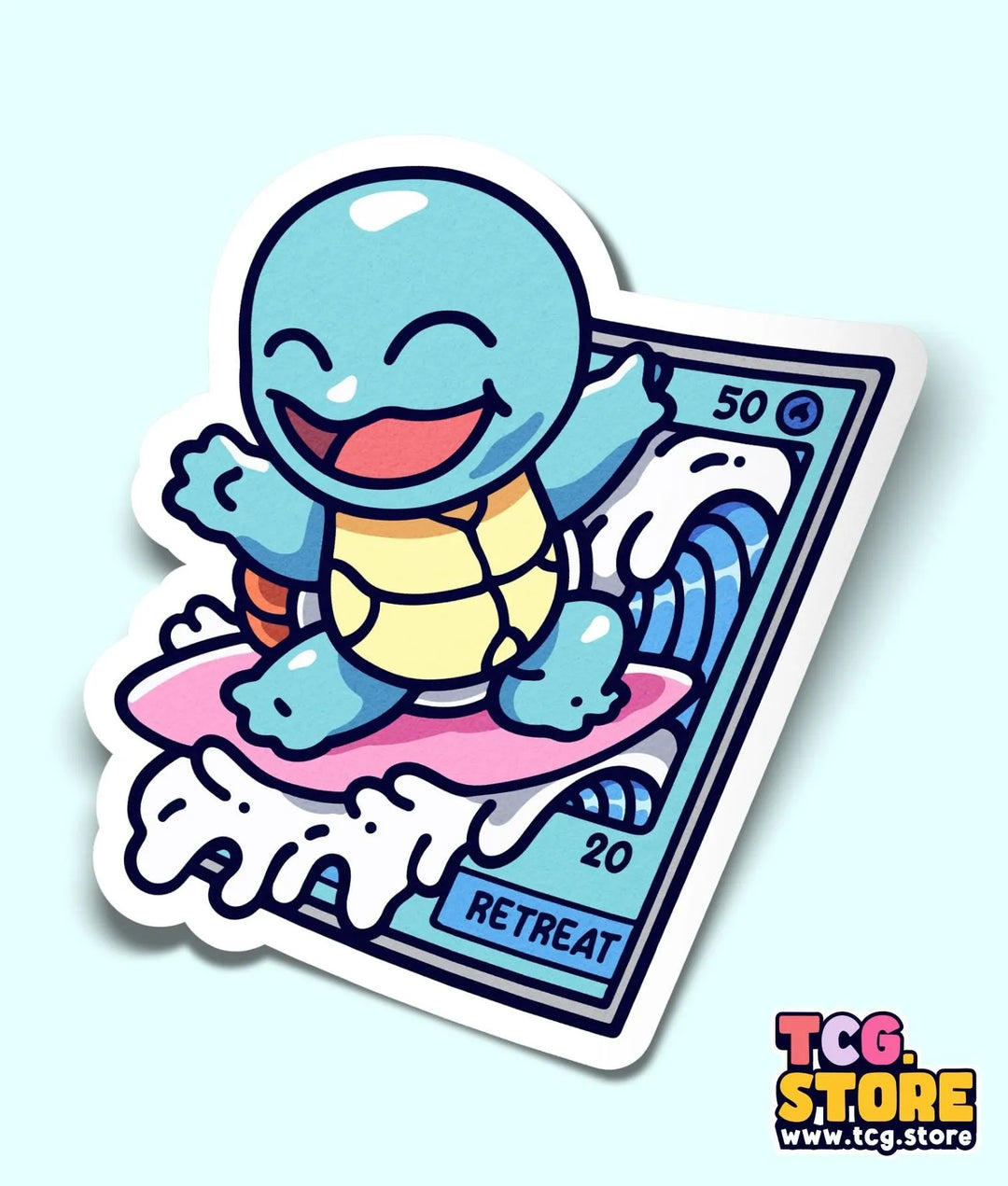 a sticker of a turtle riding a surfboard