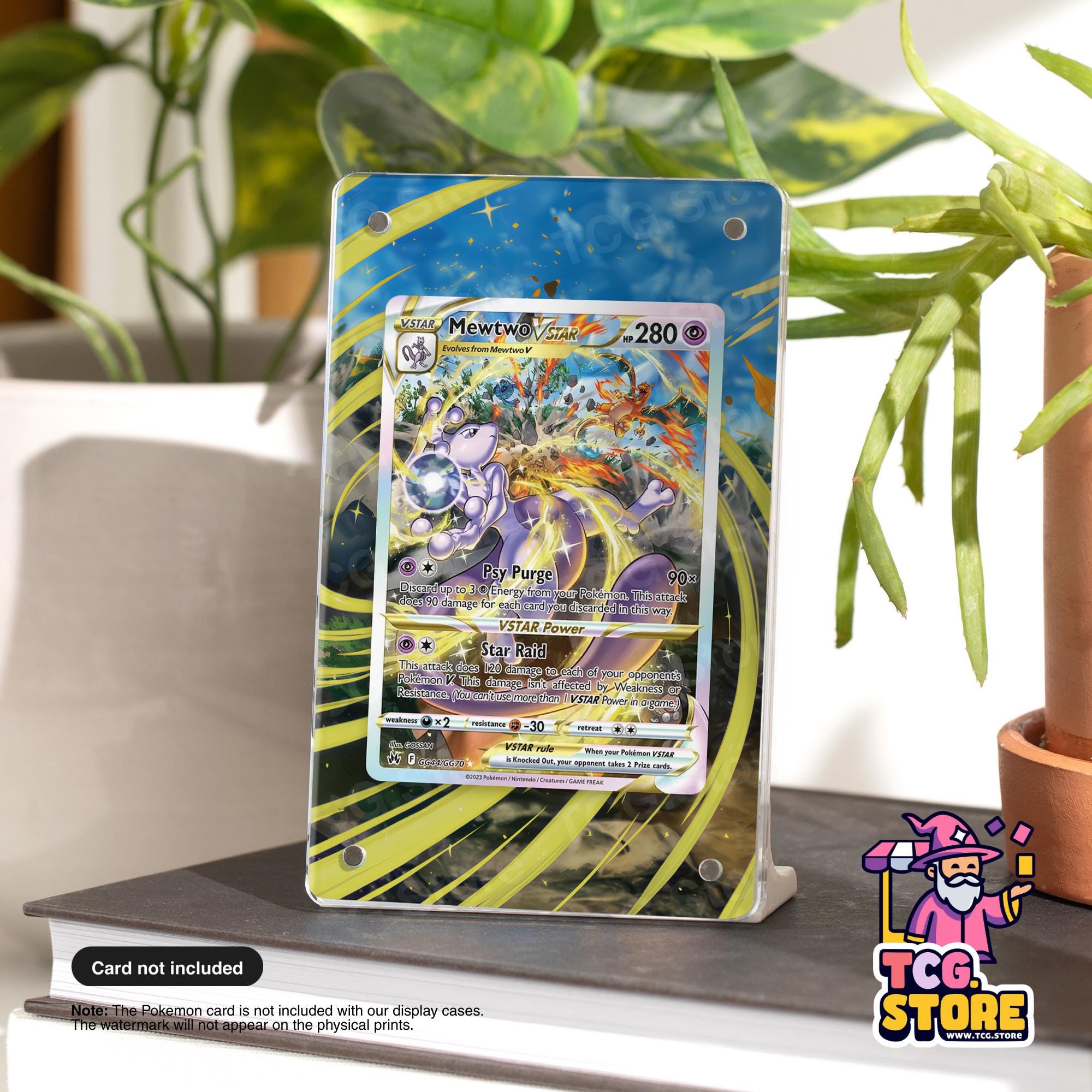 A Pokémon card display case featuring a Pokémon card with a colorful, abstract design. The Pokémon card is not included with the display case, and the card will not appear on the physical prints.