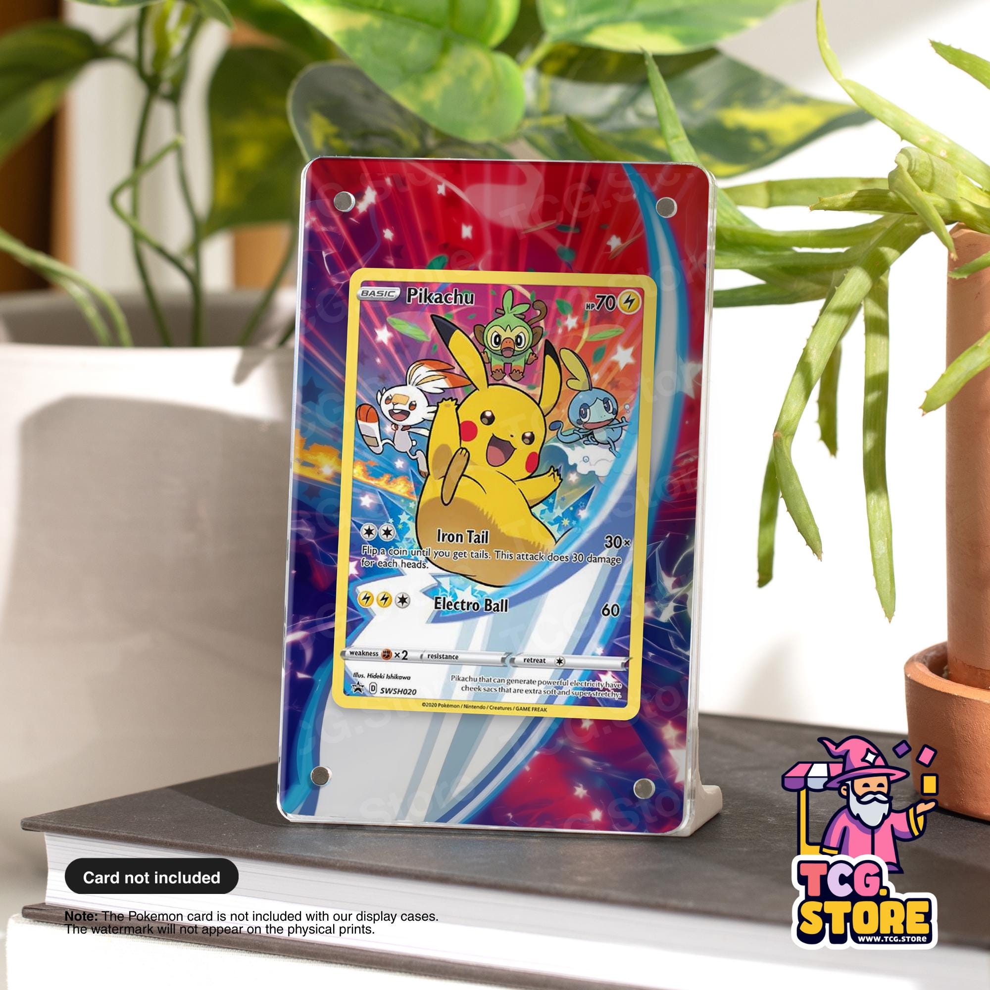 A Pokemon card featuring Pikachu, an iconic character from the Pokémon franchise, is displayed on a stand. The card is not included with the display cases, and the watermark will appear on the physical prints.