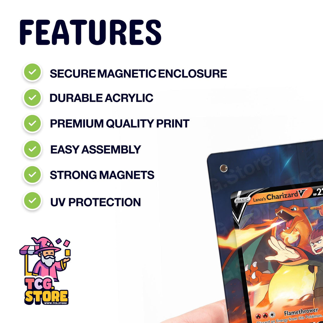 a hand holding a Charizard V 2.25 card, highlighting its features such as secure magnetic enclosure, durable acrylic, premium quality print, easy assembly, strong magnets, and UV protection.