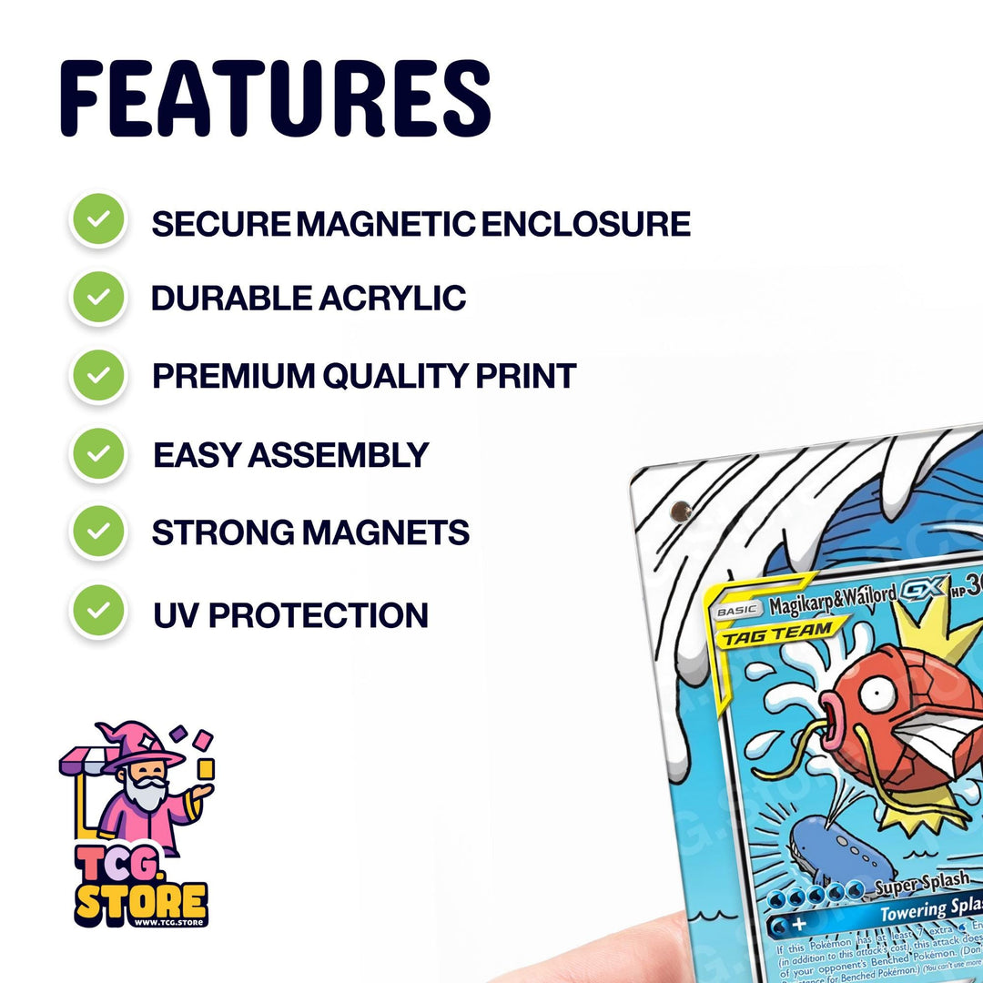 a hand holding a Pokémon card with a list of features, including a secure magnetic enclosure, durable acrylic, premium quality print, easy assembly, strong magnets, and UV protection.