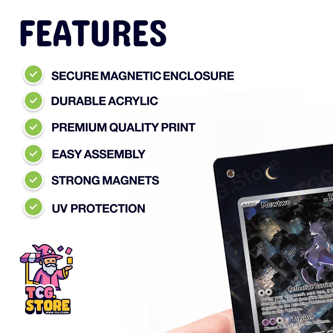 a Pokémon trading card with various features highlighted, such as secure magnetic enclosure, durable acrylic, premium quality print, easy assembly, strong magnets, and UV protection.