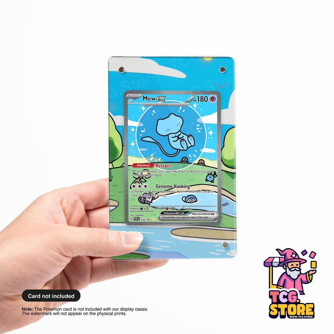 A hand holding a Pokémon trading card with a colorful, cartoon-style background depicting a Pokémon character and a landscape.