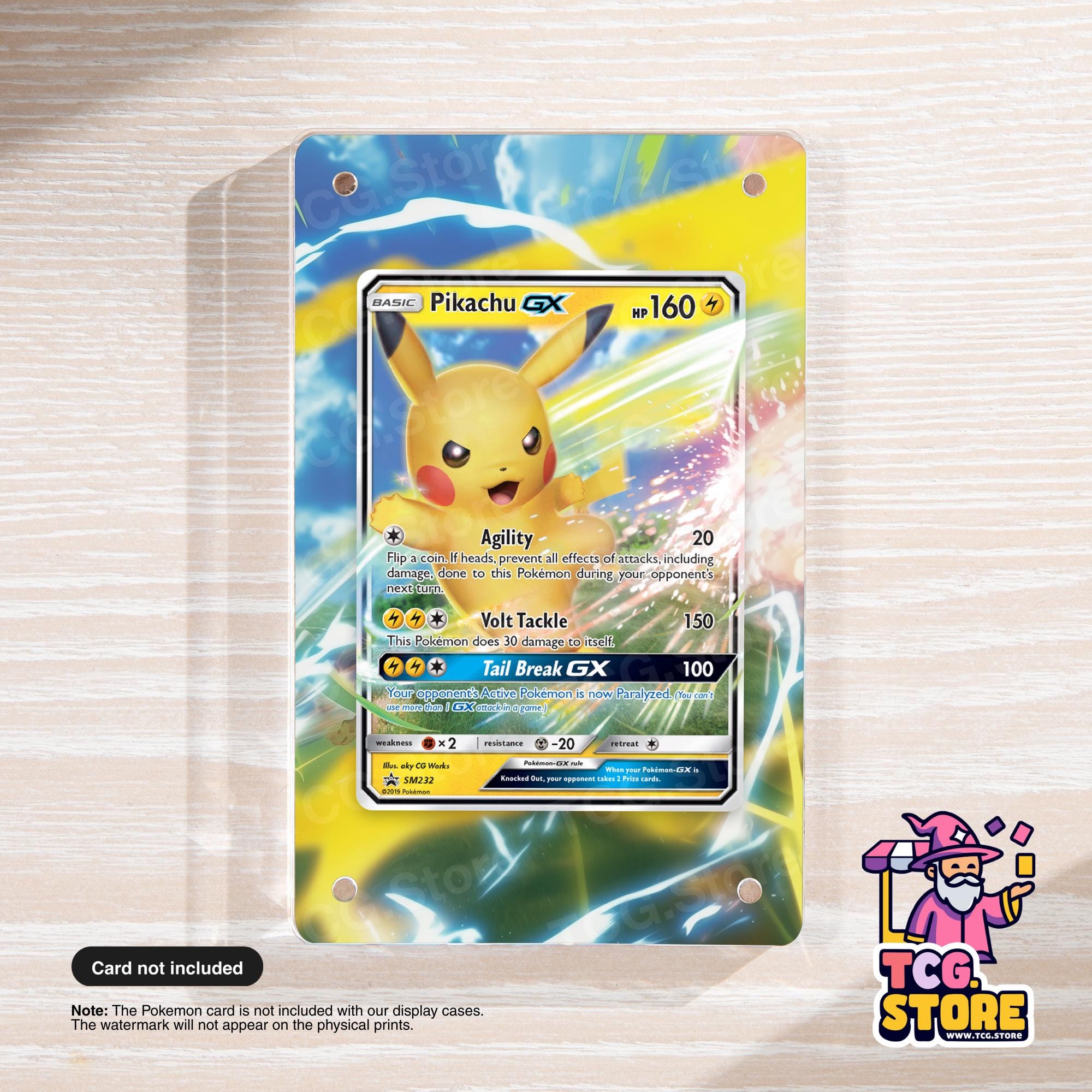 A Pokémon trading card featuring Pikachu, a popular Pokémon character, with a colorful background and a detailed description of the Pokémon's abilities and attributes.
