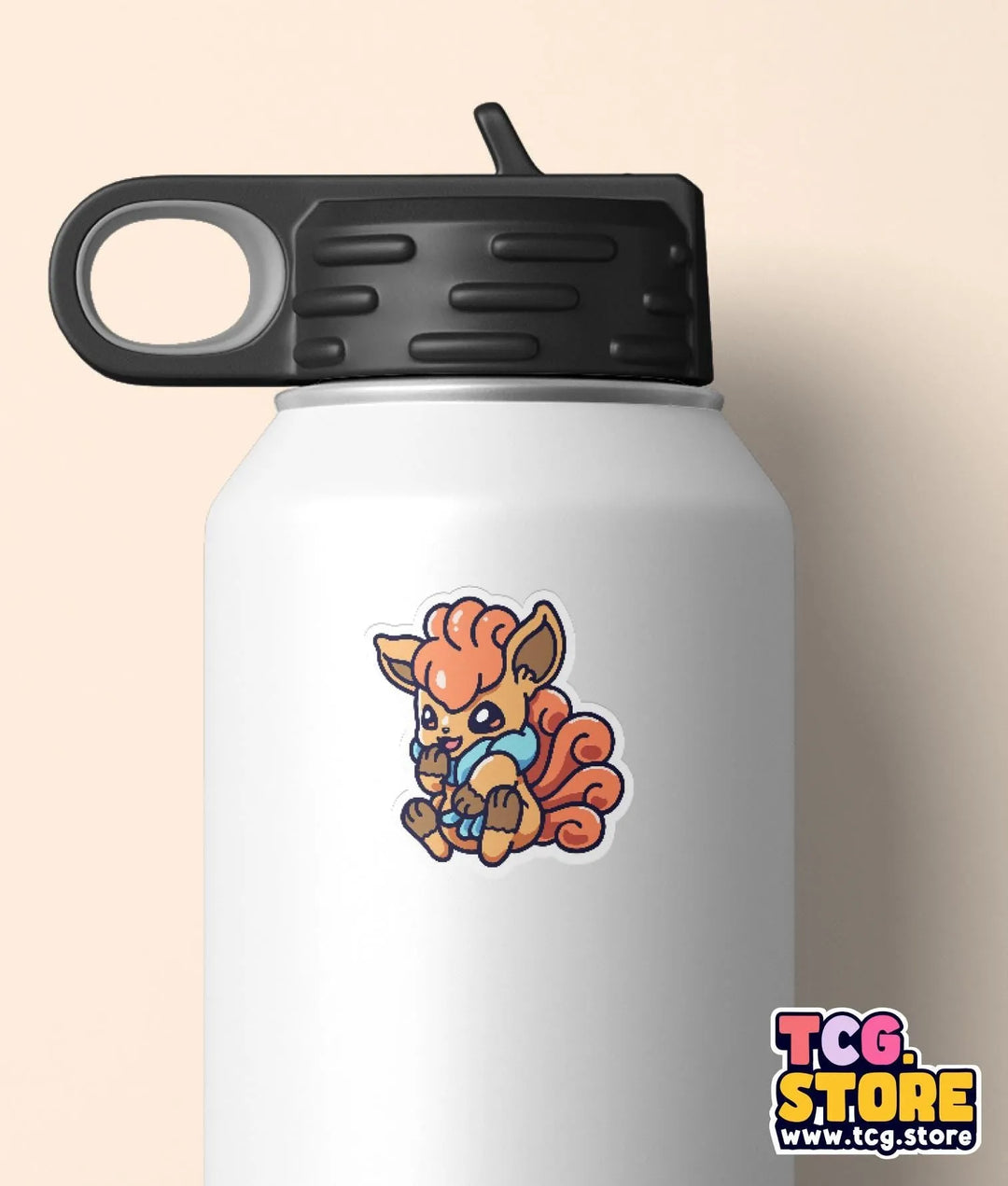 a white water bottle with a cartoon animal on it