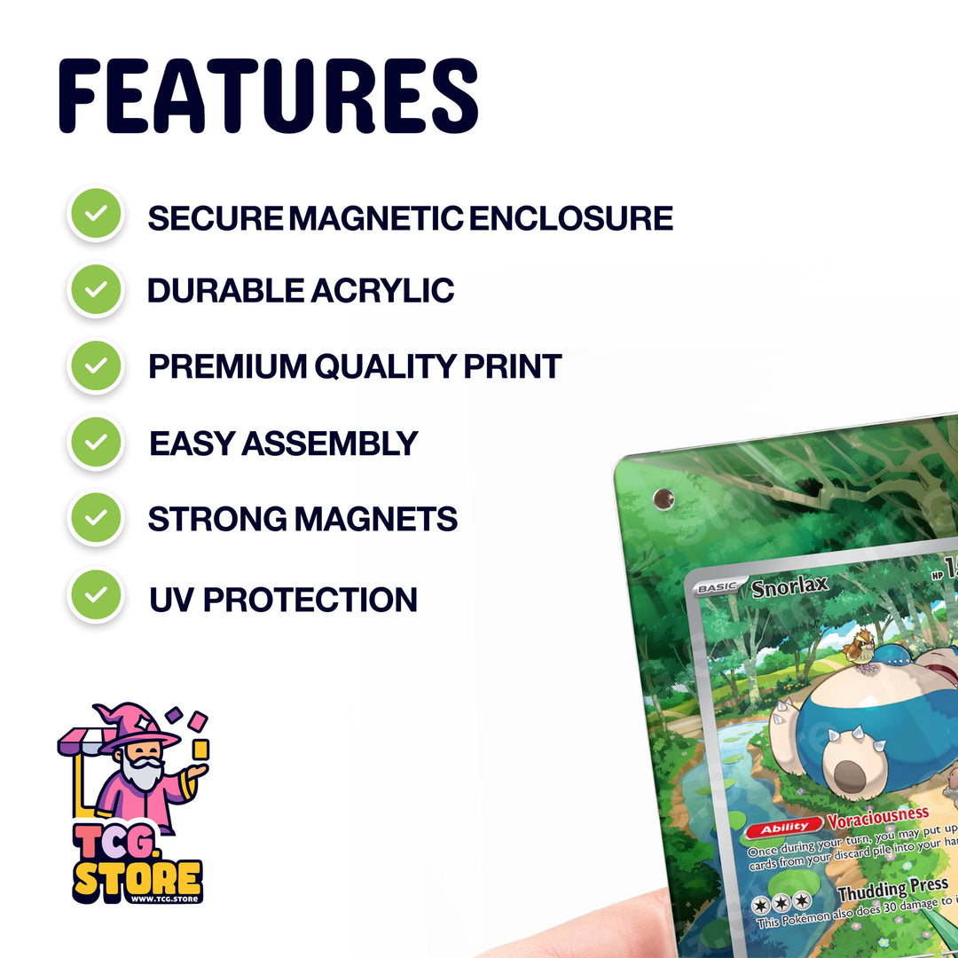 a hand holding a Pokémon trading card with various features highlighted, such as a secure magnetic enclosure, durable acrylic, premium quality print, easy assembly, strong magnets, and UV protection.