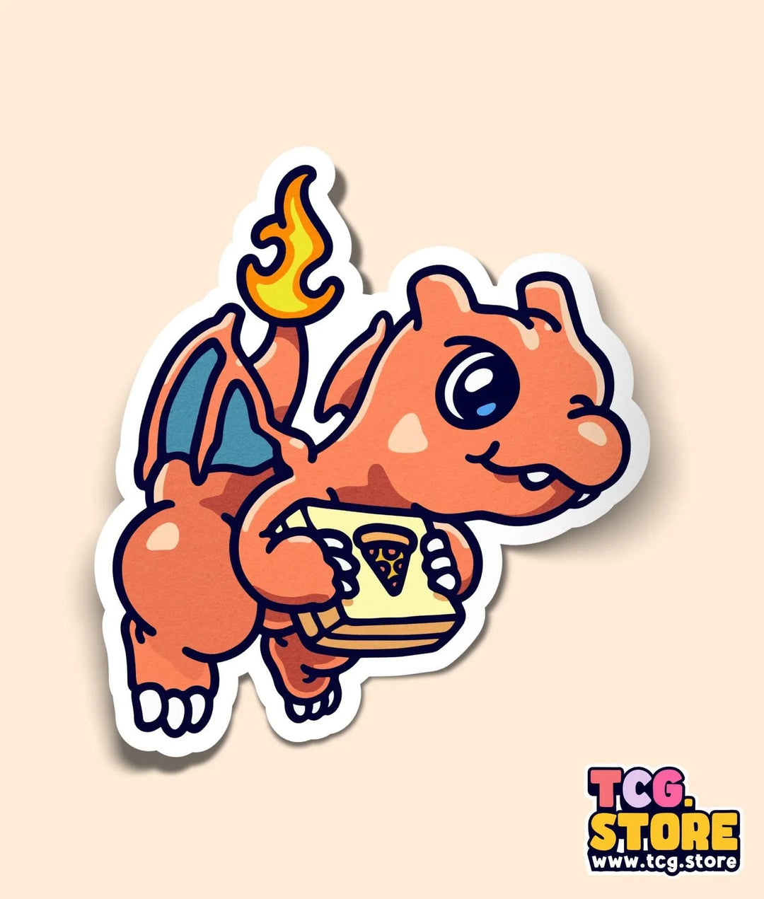 a sticker of a cartoon character eating a slice of pizza