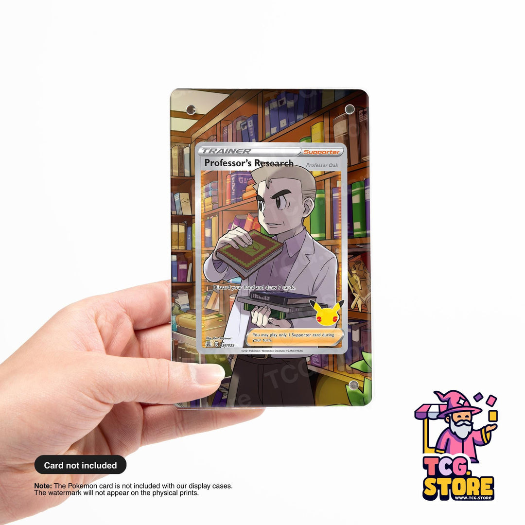 A person is holding a Pokémon trading card featuring a character named Professor's Research, which is displayed on a card stand.