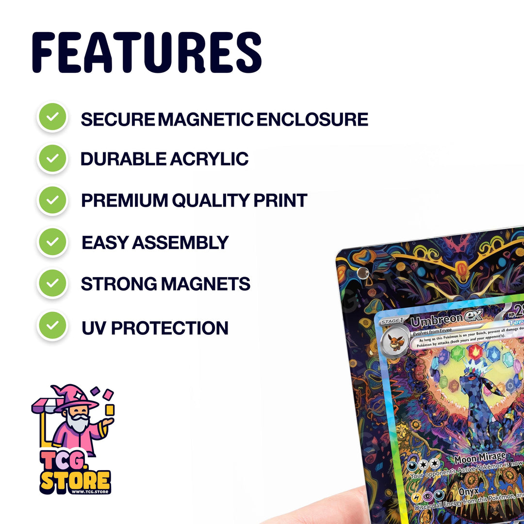 a colorful Pokémon trading card with various features highlighted, such as a secure magnetic enclosure, durable acrylic, premium quality print, easy assembly, strong magnets, and UV protection.