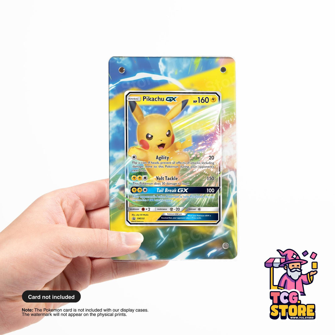 A person is holding a Pokémon card featuring Pikachu, a popular Pokémon character, in front of a colorful background.