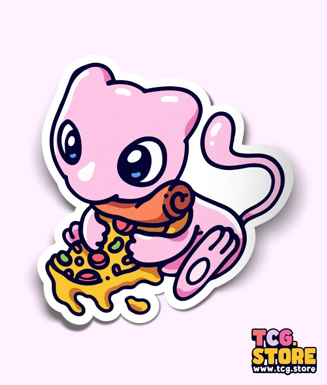 a sticker of a cartoon character eating a piece of pizza