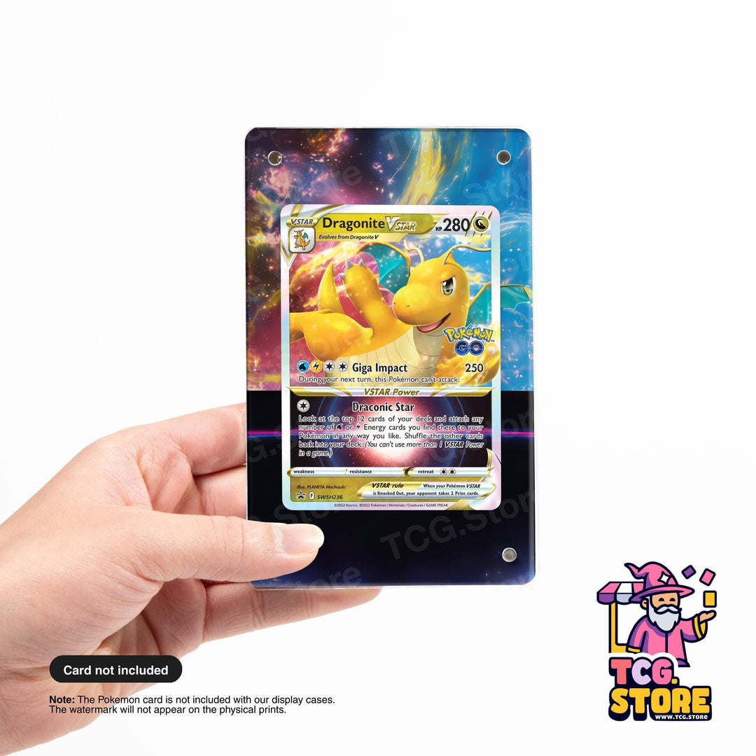 A hand holding a Pokemon trading card featuring a dragon-like creature against a colorful, cosmic background.